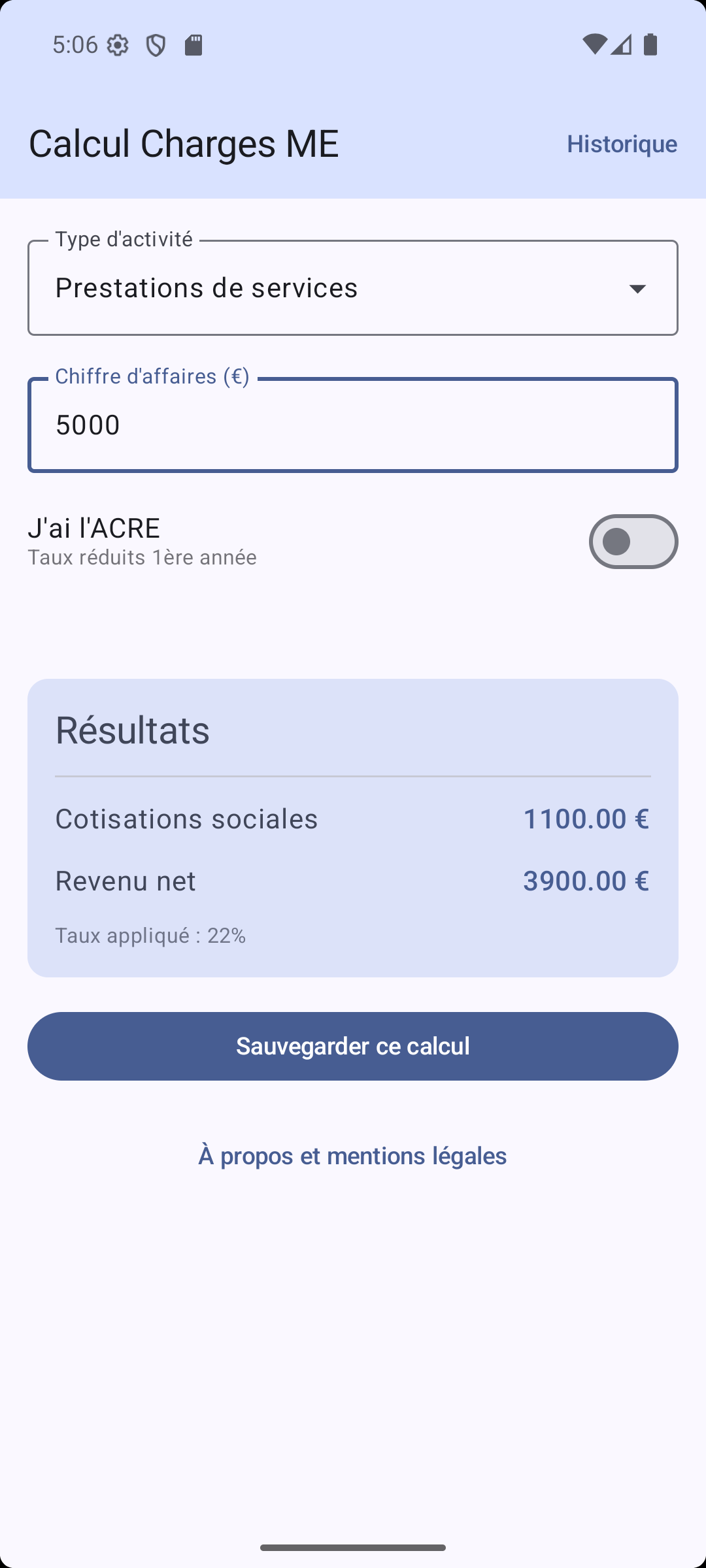 Écran d'accueil - Calculateur de cotisations