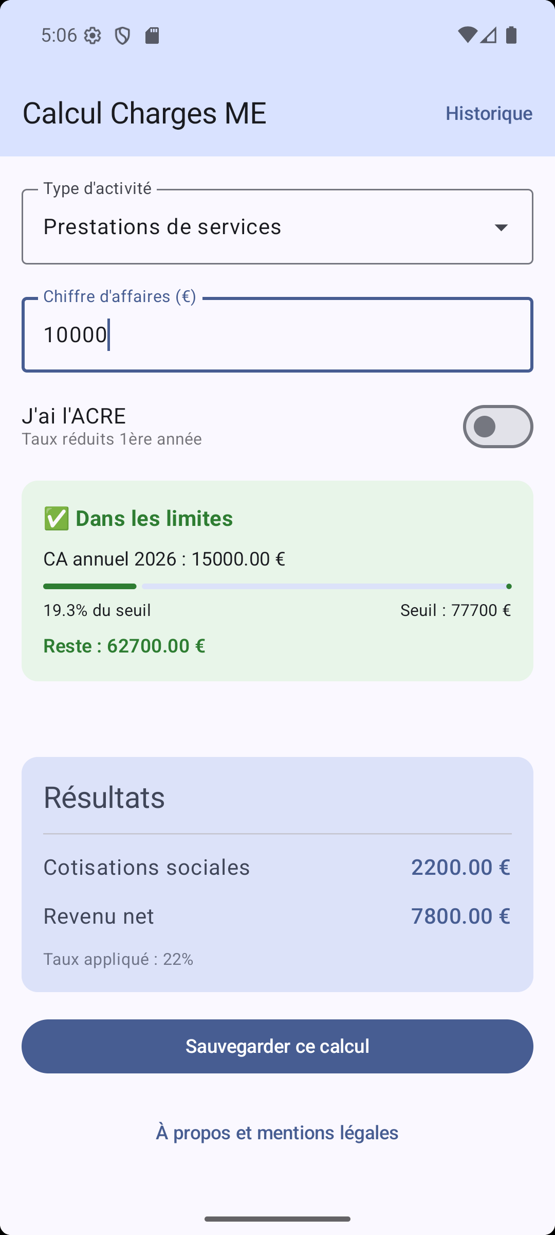 Écran d'accueil avec calculateur