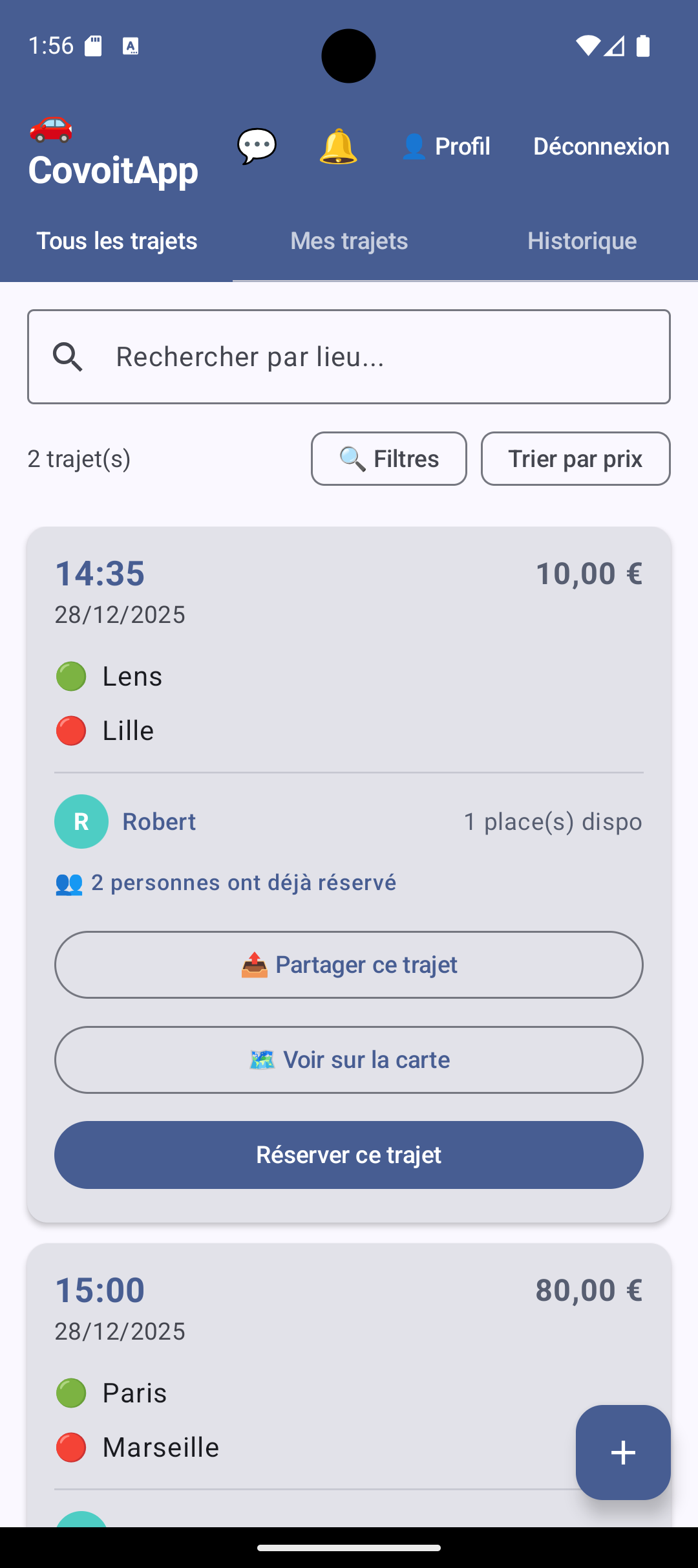Écran d'accueil - Liste des trajets